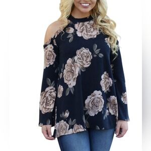 Chicsoul Women's Floral Print knit Cold Shoulder Sweater Plus Size 2XL